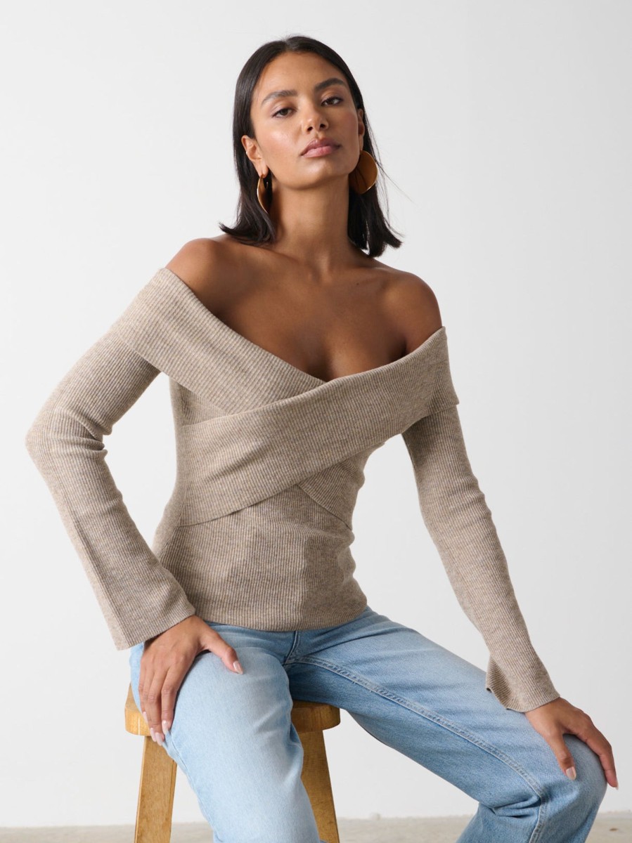 Clothing Pretty Lavish | Daphne Cross Over Knit Top Beige